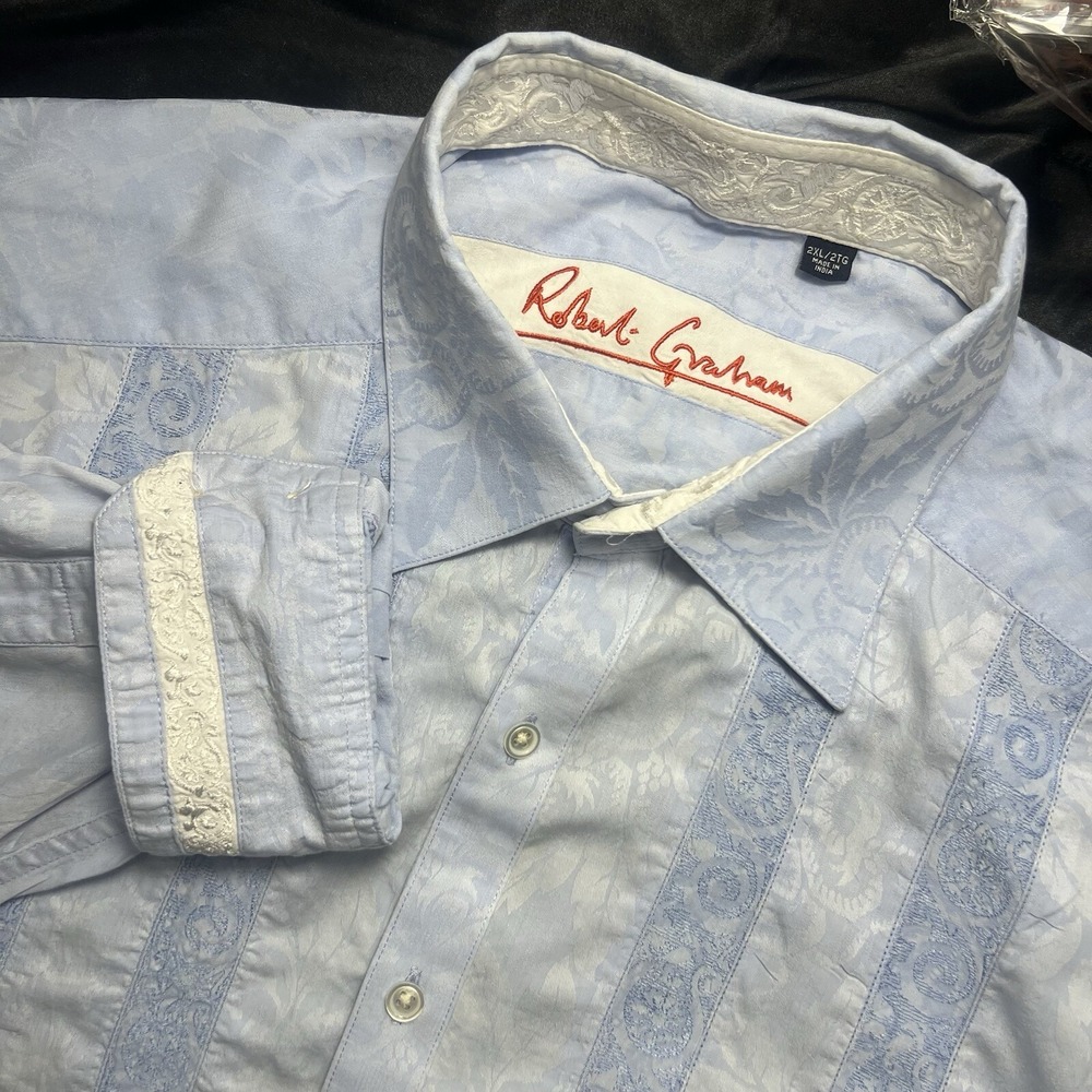 Robert Graham 2XL Sky‎ Blue Embroidered Jacquard Floral Cotton Flip Cuff Elegant